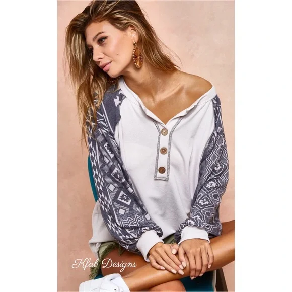 LAST 1! French Terry Super Soft Aztec Sleeve Henley! - Picture 10 of 10